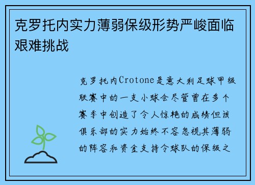 克罗托内实力薄弱保级形势严峻面临艰难挑战