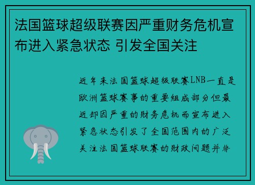 法国篮球超级联赛因严重财务危机宣布进入紧急状态 引发全国关注