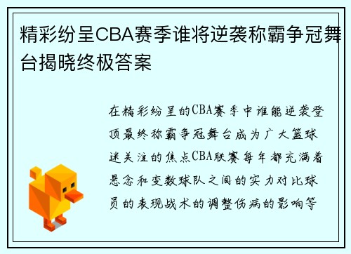 精彩纷呈CBA赛季谁将逆袭称霸争冠舞台揭晓终极答案