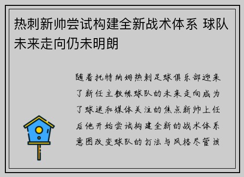 热刺新帅尝试构建全新战术体系 球队未来走向仍未明朗