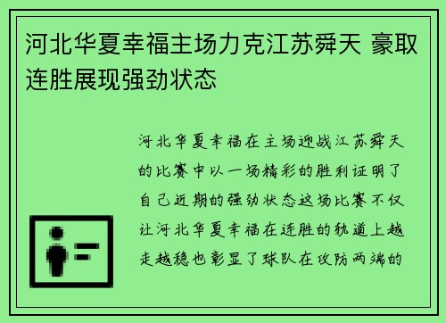 河北华夏幸福主场力克江苏舜天 豪取连胜展现强劲状态