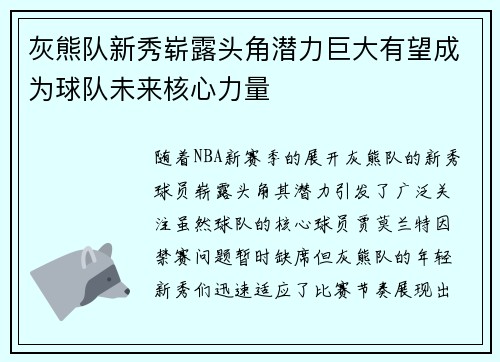 灰熊队新秀崭露头角潜力巨大有望成为球队未来核心力量