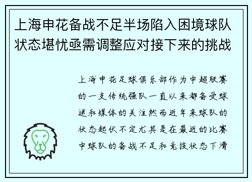 上海申花备战不足半场陷入困境球队状态堪忧亟需调整应对接下来的挑战