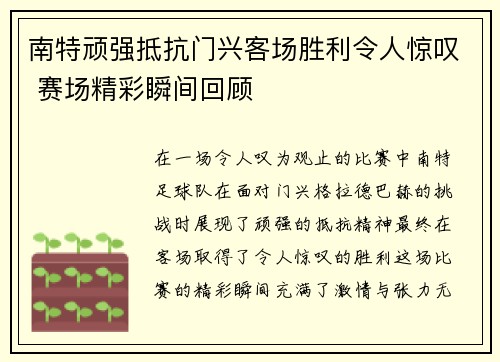 南特顽强抵抗门兴客场胜利令人惊叹 赛场精彩瞬间回顾