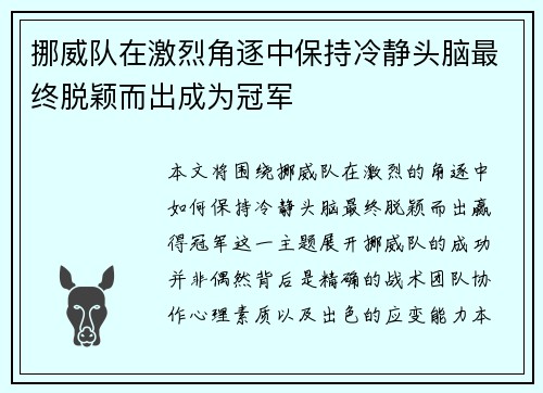 挪威队在激烈角逐中保持冷静头脑最终脱颖而出成为冠军