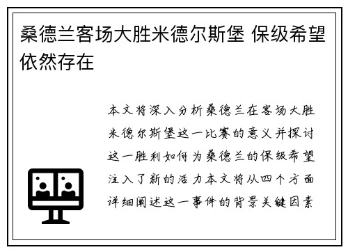 桑德兰客场大胜米德尔斯堡 保级希望依然存在
