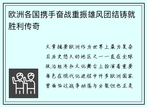 欧洲各国携手奋战重振雄风团结铸就胜利传奇