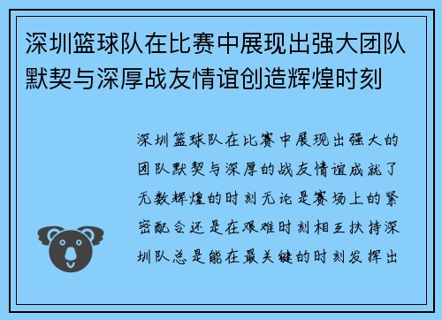 深圳篮球队在比赛中展现出强大团队默契与深厚战友情谊创造辉煌时刻