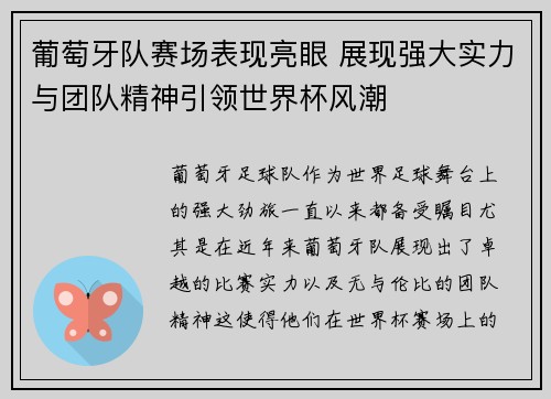 葡萄牙队赛场表现亮眼 展现强大实力与团队精神引领世界杯风潮